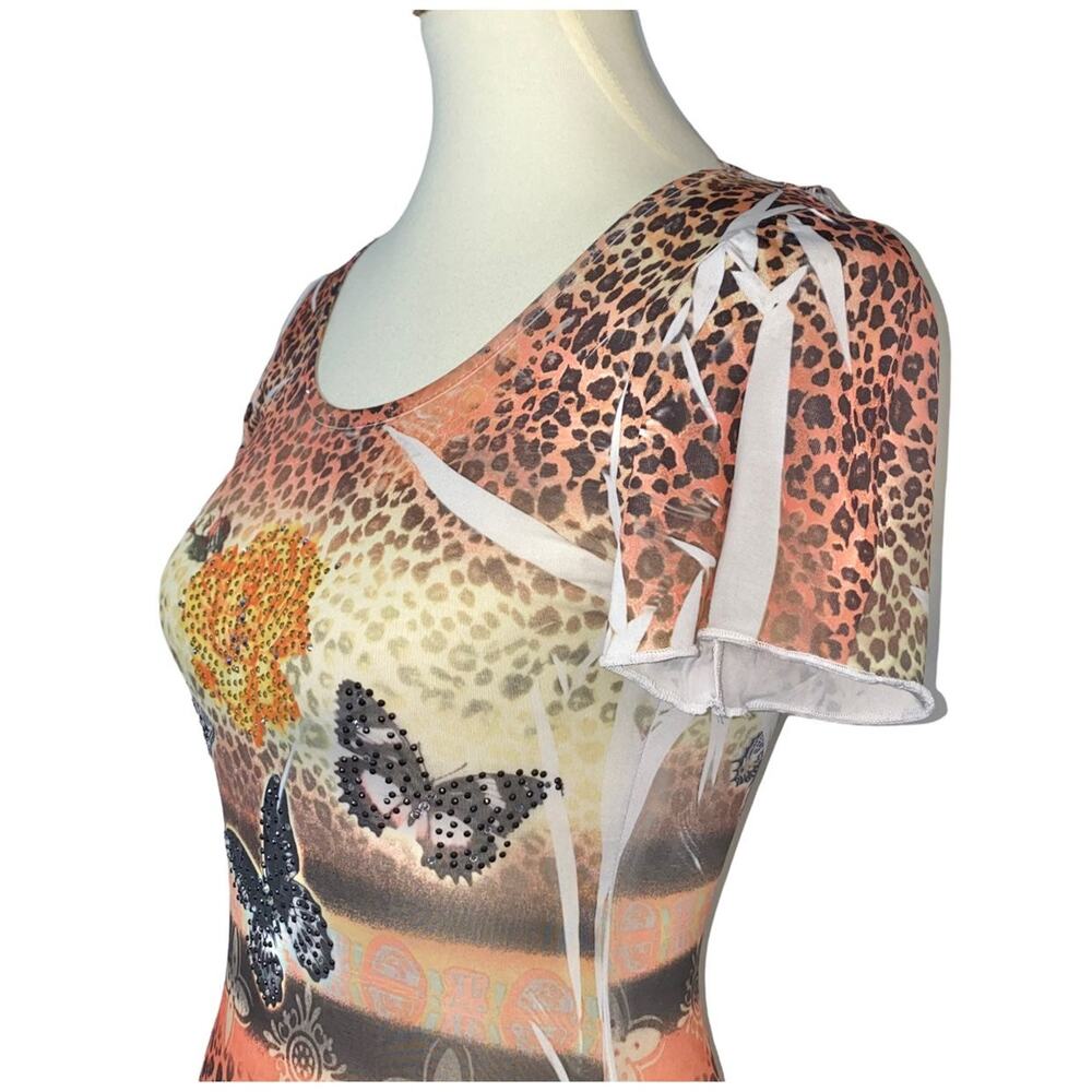 S VTG Y2k Sue Who Sublimation Embellished Studded Crochet Back Butterfly Tee - Picture 3 of 13